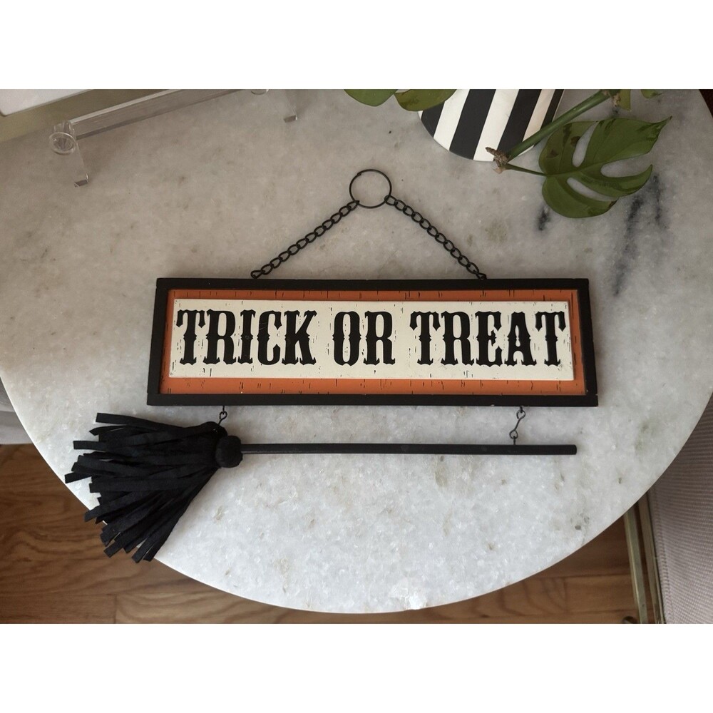 Trick Or Treat Sign With Broom Stick Halloween Spooky October Fall Decor